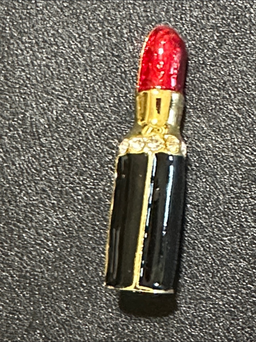 Vintage Lipstick Brooch Pin Enamel Rhinestone Gold Tone